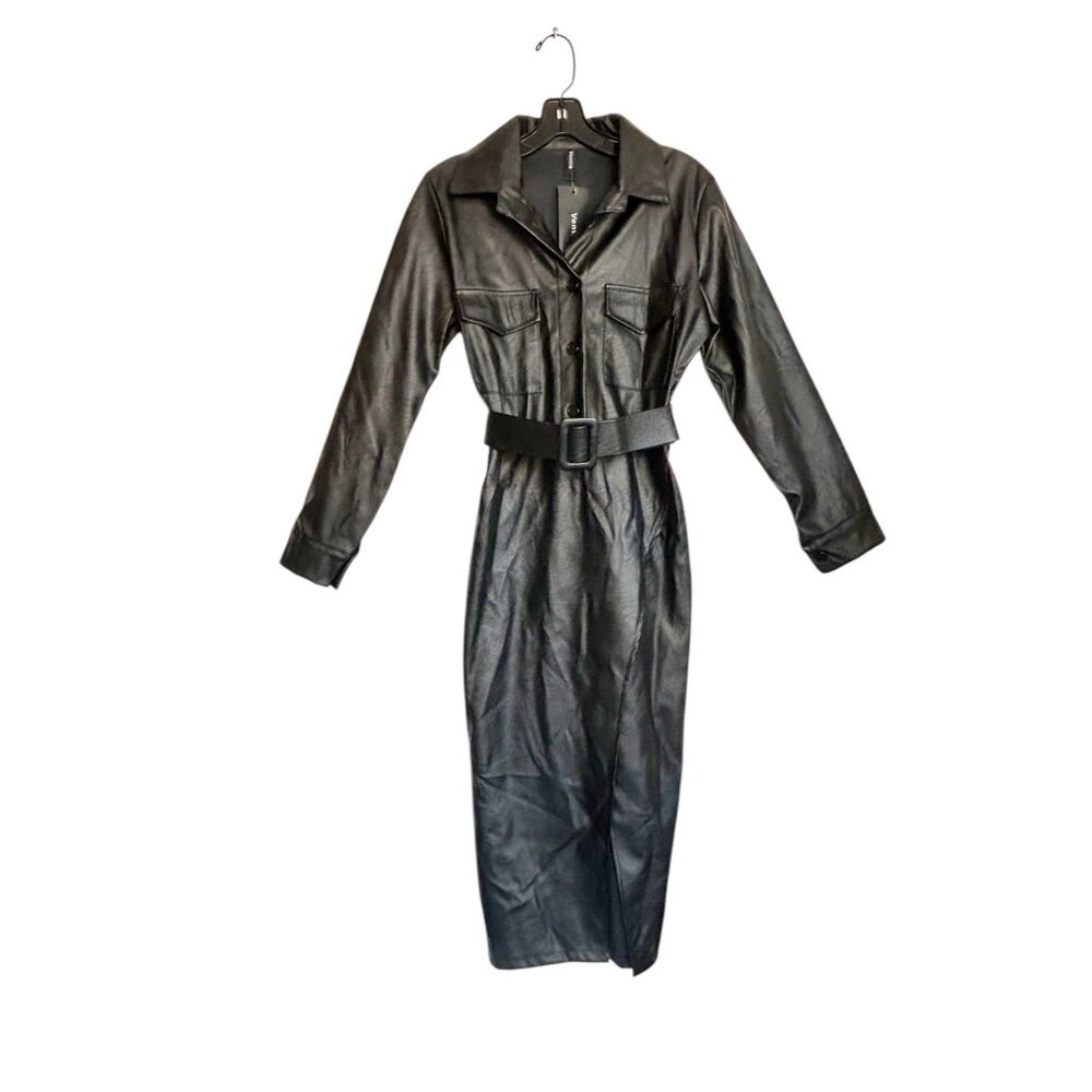 Venti6 Faux Leather Long Sleeve Button Belted Midi Dress in Black - Sz M - NWT